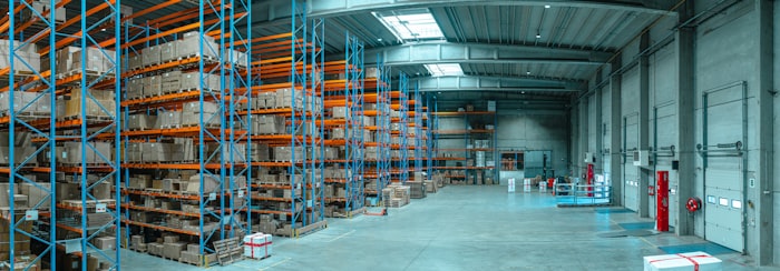 Warehouse shelving with cartons of merchandise